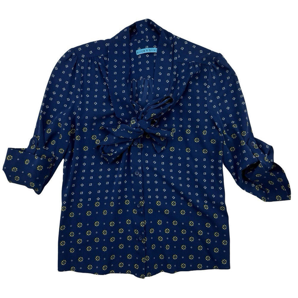 Alice + Olivia Floral Print Bow Silk Blouse Dark Blue Size XS